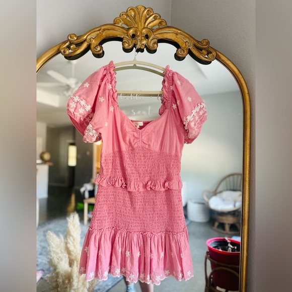 Loveshackfancy Jarrah pink smocked puff sleeve mini dress medium - Picture 2 of 3